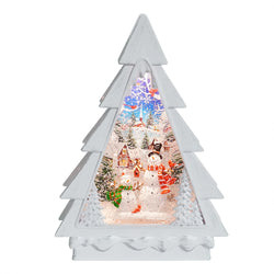 White Christmas Tree with LED Warm White Light Up Snowman Scene Spinning Glitter Waterglobe