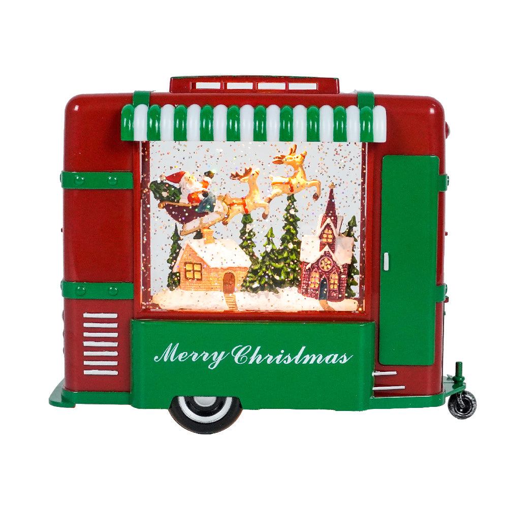 Red and Green Christmas Trailer with LED Warm White Light Up Santa Sle