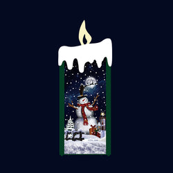 Green Snowing Flat Candle with Snowman