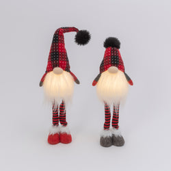 Set of 2 Lighted Plush Red and Black Plaid Holiday Standing Gnomes, Battery Operated