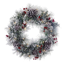 Kurt Adler 18-Inch Battery-Operated Flocked with Red Berries and Pinecones LED Wreath