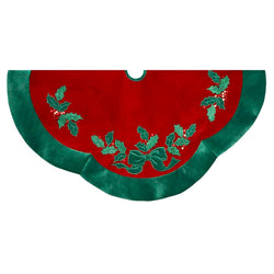 Kurt Adler 48-Inch Velvet Red with Green Leaves Applique Tree skirt