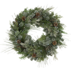 32"D Pre-Lit Snowy Mixed Pine Wreath withPine Cones, Twig & Cedar Accents. 50 Cool White LED Lights.