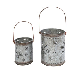 Set of 2 Nesting Metal Galvanized Snowflake Luminaries, Lg is 19.8-in H (including handle)