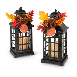 Set of 2 Autumn Lanterns with Fall Floral Accents, LED Candle