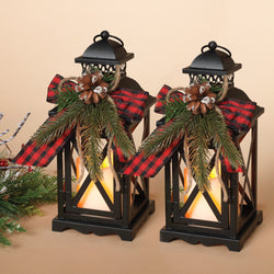Set of 2 Metal Holiday Lanterns with Candle and Floral Accents