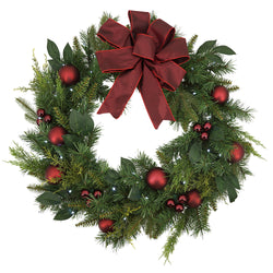 32 in Holiday Cedar Wreath with Red Bow and Christmas Ornaments