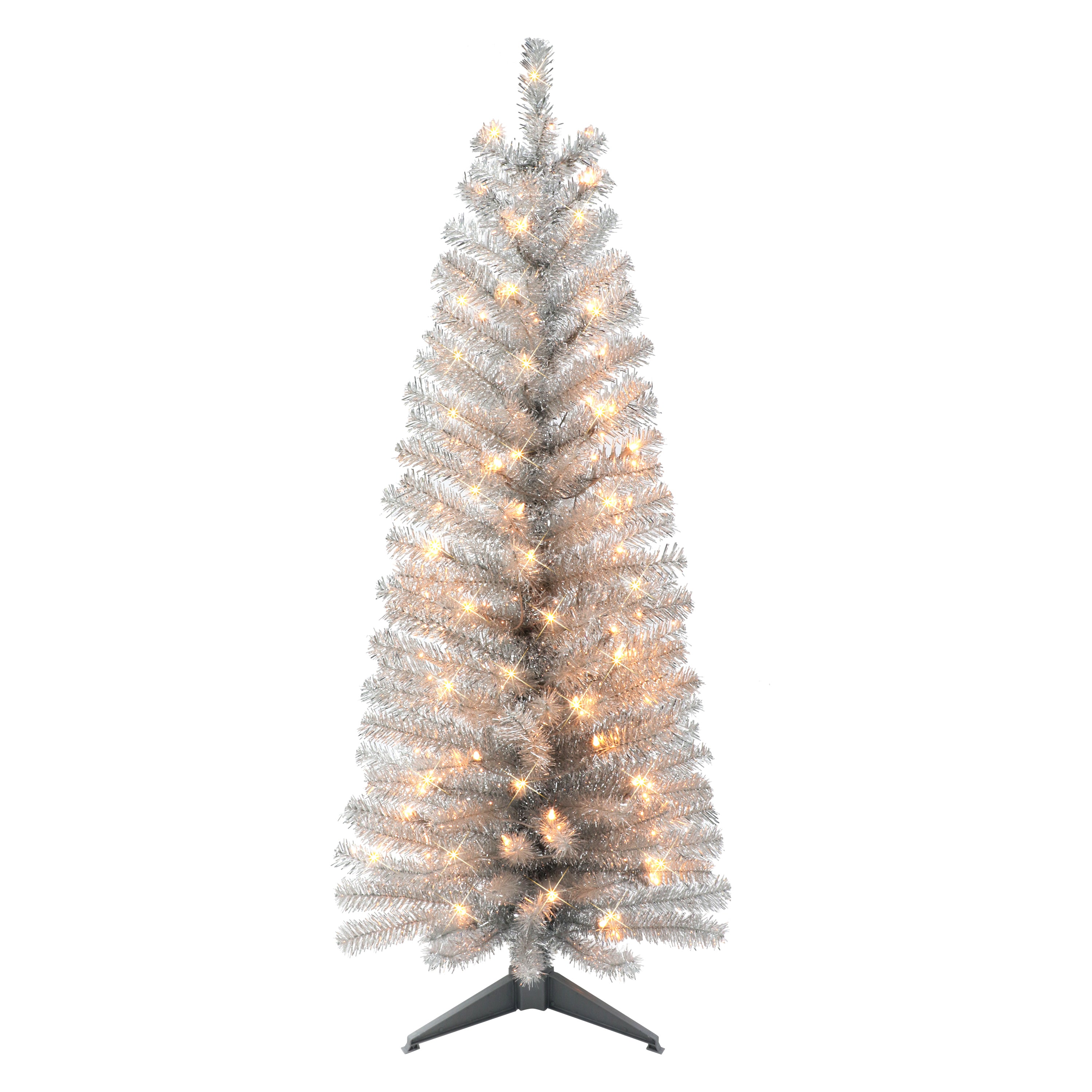 4.5 ft Pre-lit Silver Tinsel Tree 160 Tips 70 UL Clear Lights Stand included 2675A-STSV45C07