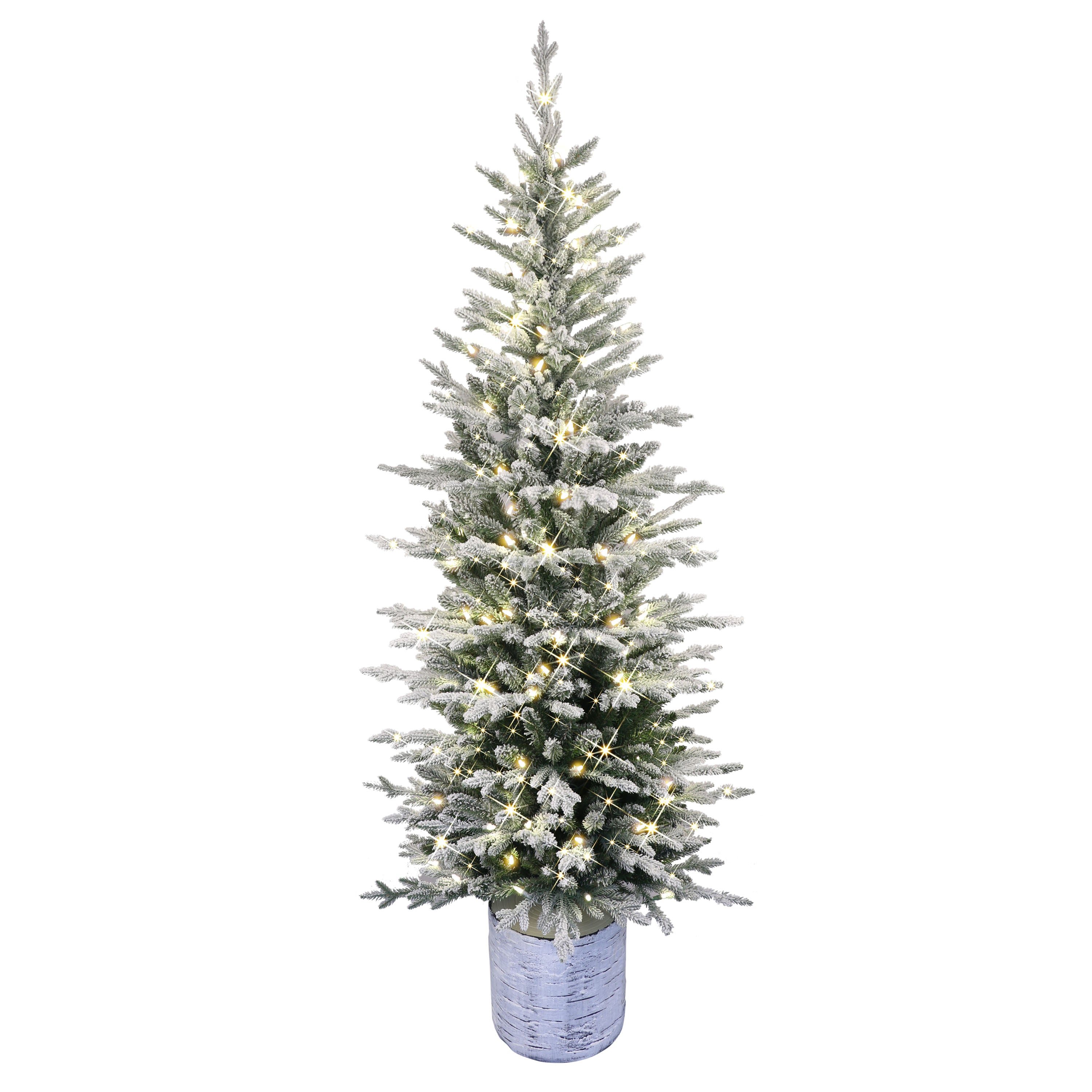 6 ft Pre-Lit Potted Flocked Arctic Fir Pencil Artificial Christmas Tree with 120 Warm White LED Lights UL Adapter Green PTO9760A-60LW120