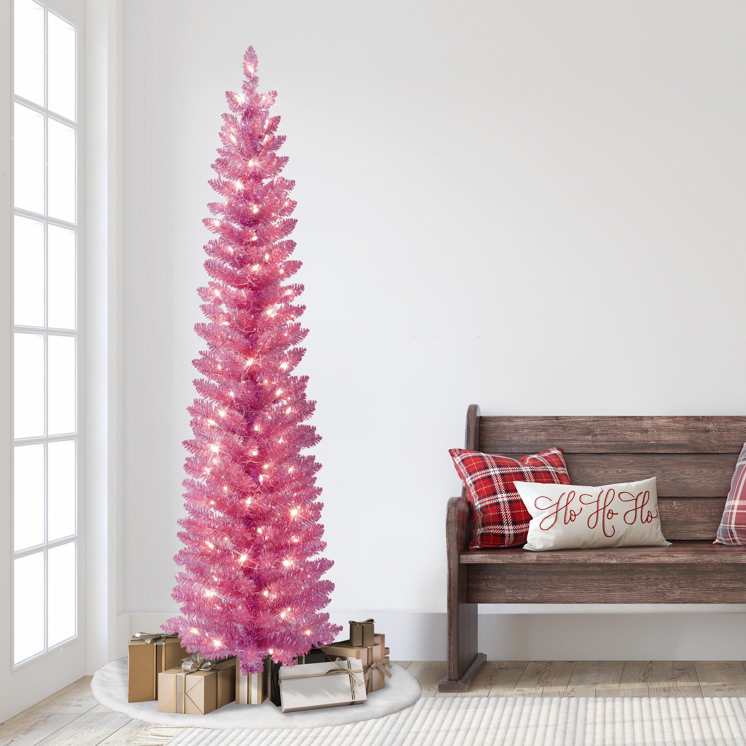 7ft Pre-Lit Pink Tinsel Tree