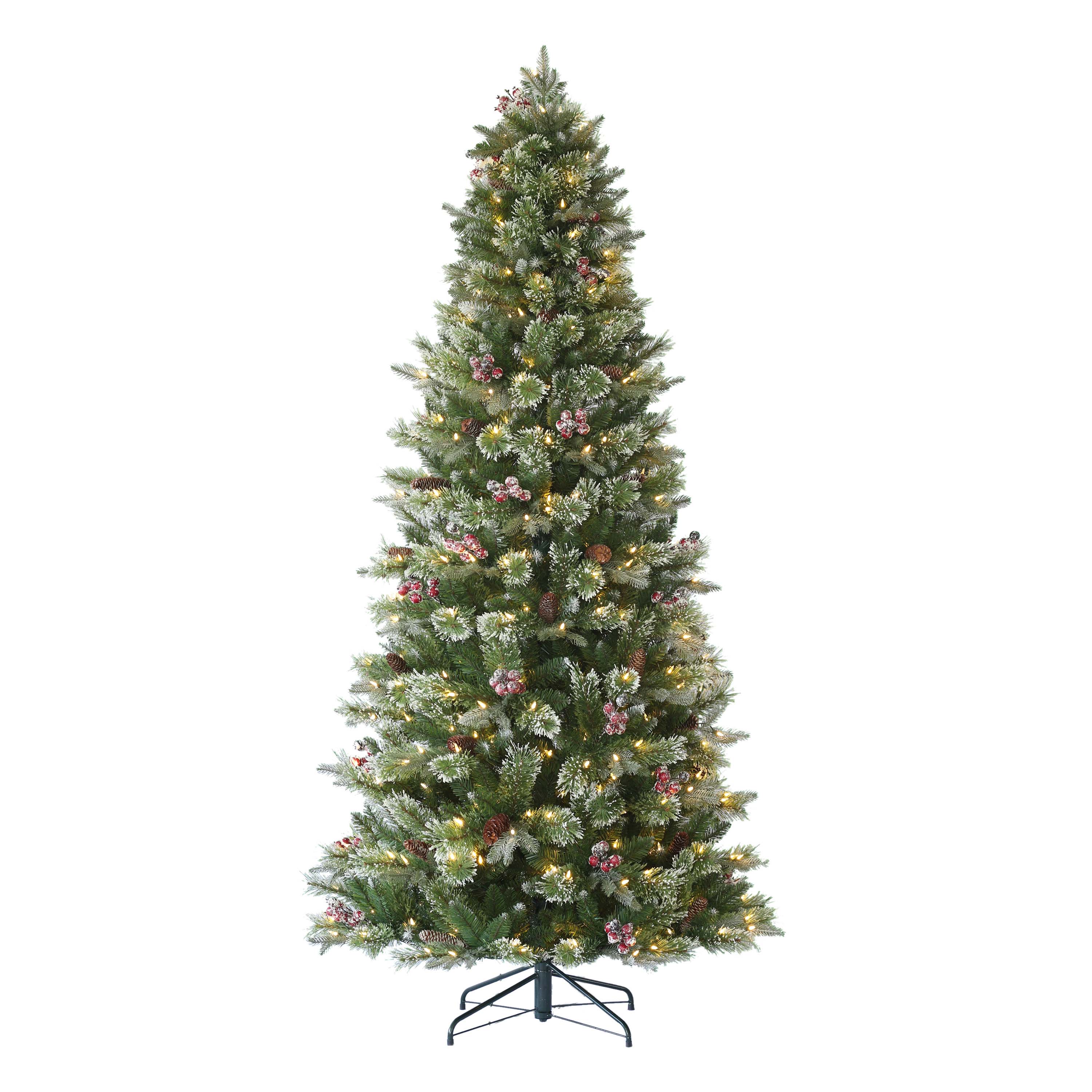 7.5 ft Pre-Lit Frosted Slim Berry Spruce Artificial Christmas Tree with 400 UL Warm White LED Lights Metal Stand Green BSFSLA-75F5LW4
