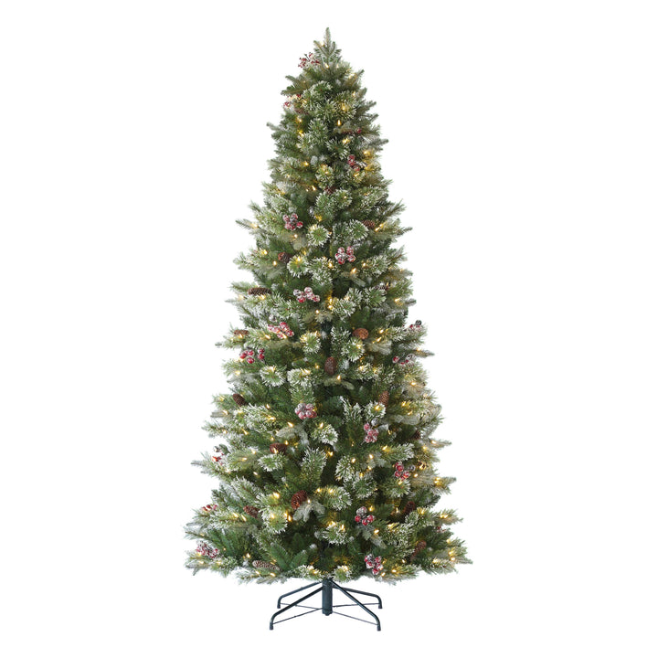 7.5 ft Pre-Lit Frosted Slim Berry Spruce Artificial Christmas Tree with 400 UL Warm White LED Lights Metal Stand Green BSFSLA-75F5LW4