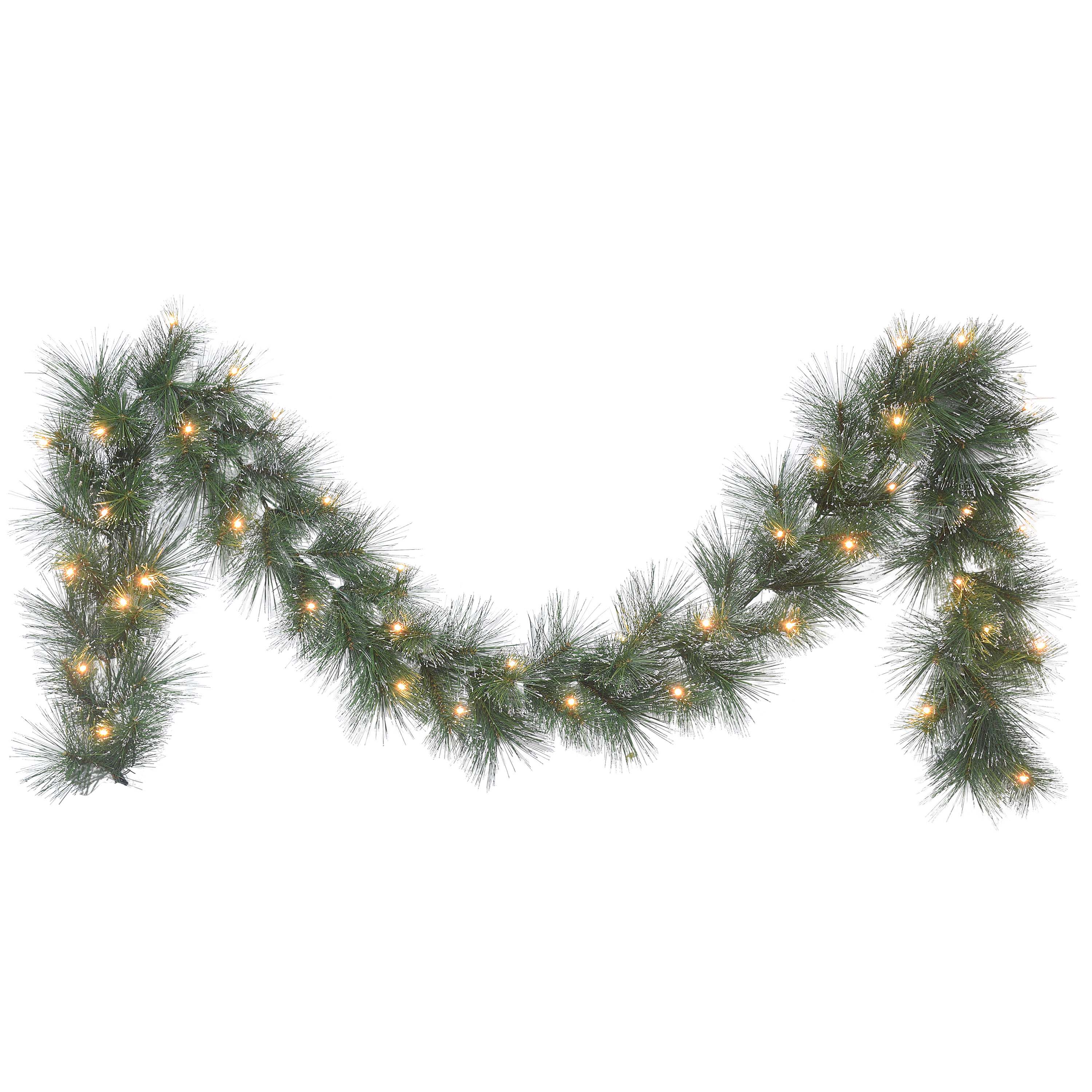 9 ft x 10 in Pre-lit Glittery Garland, 70 Tips, 50 B/O Warm White LED Lights (3 x AA batteries not included), On/Off Timer Function 2615A-910LW05-BO