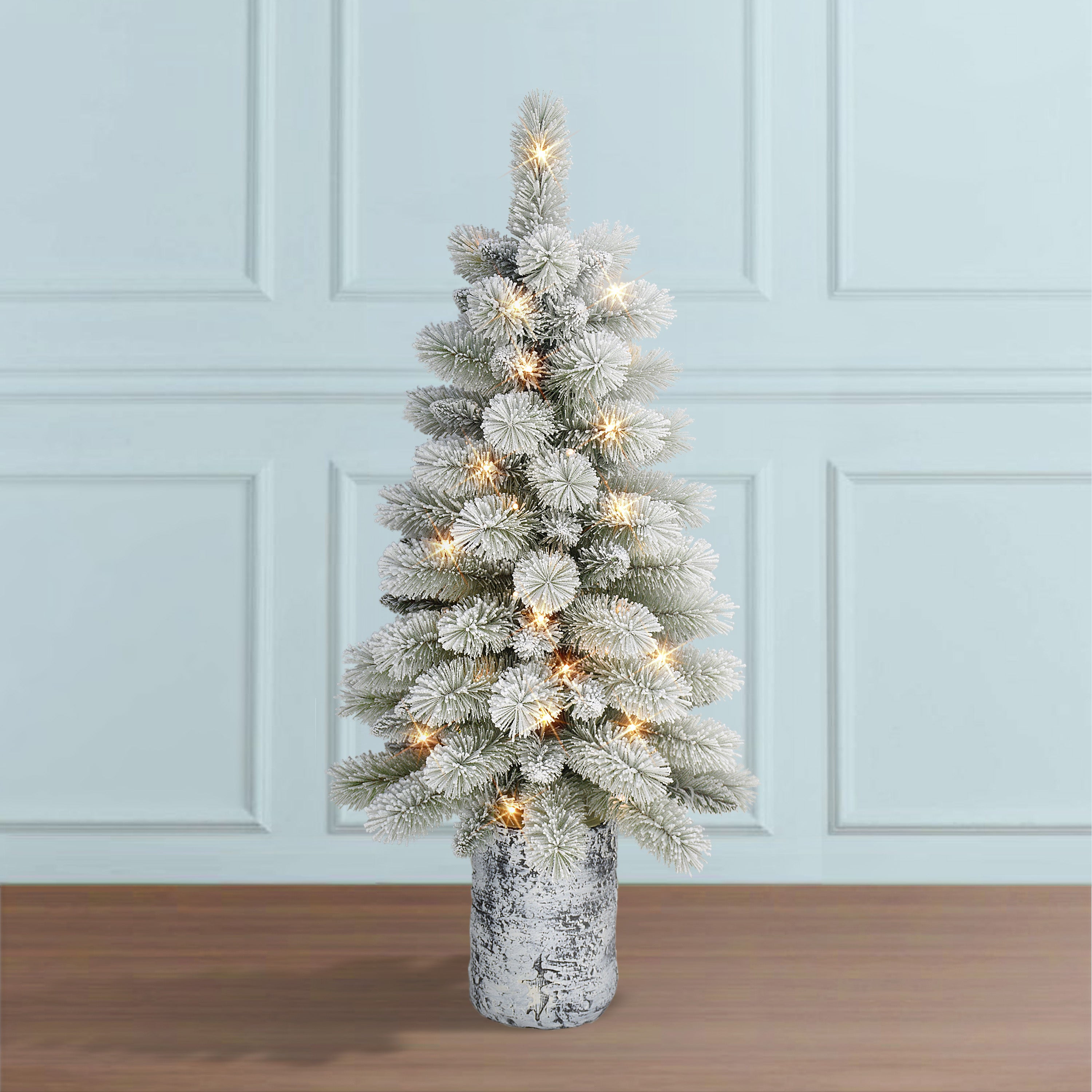 3.5ft B/O Potted Flocked Norwegian Pine Christmas Tree 50 B/O Warm White LED Lights 6/18 Hours On/Off Timer Function