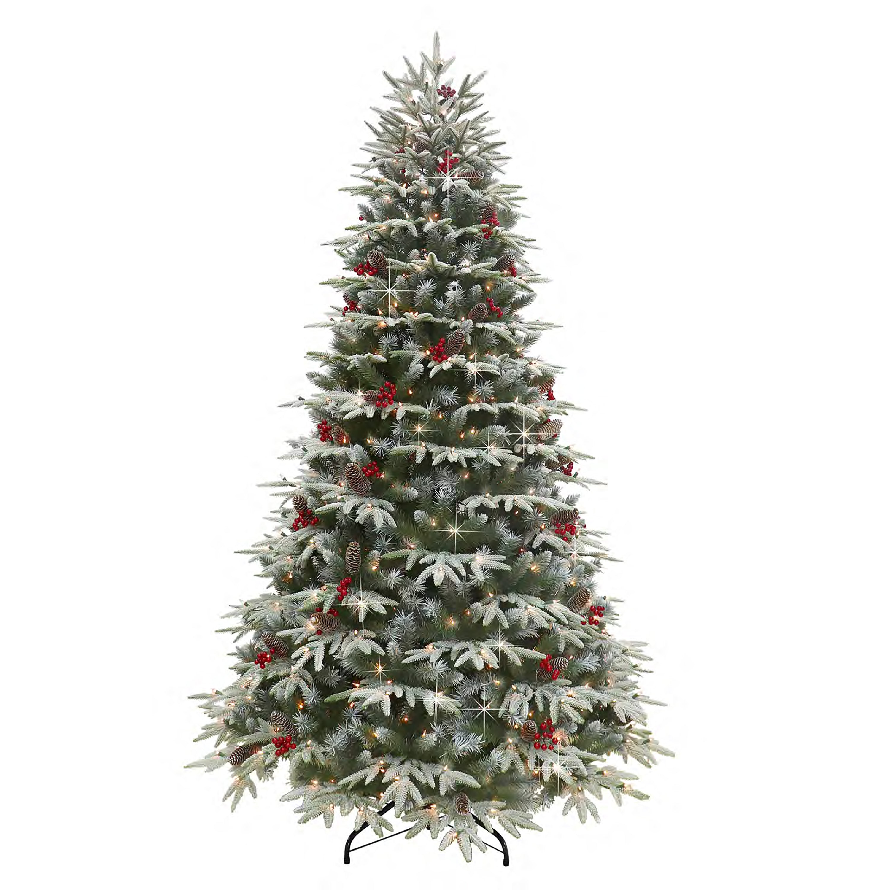 7.5 ft Pre-Lit Flocked Halifax Fir Artificial Christmas Tree with 700 UL Clear Lights Pinecones & Red Berries Metal Stand Green HXA-75C7