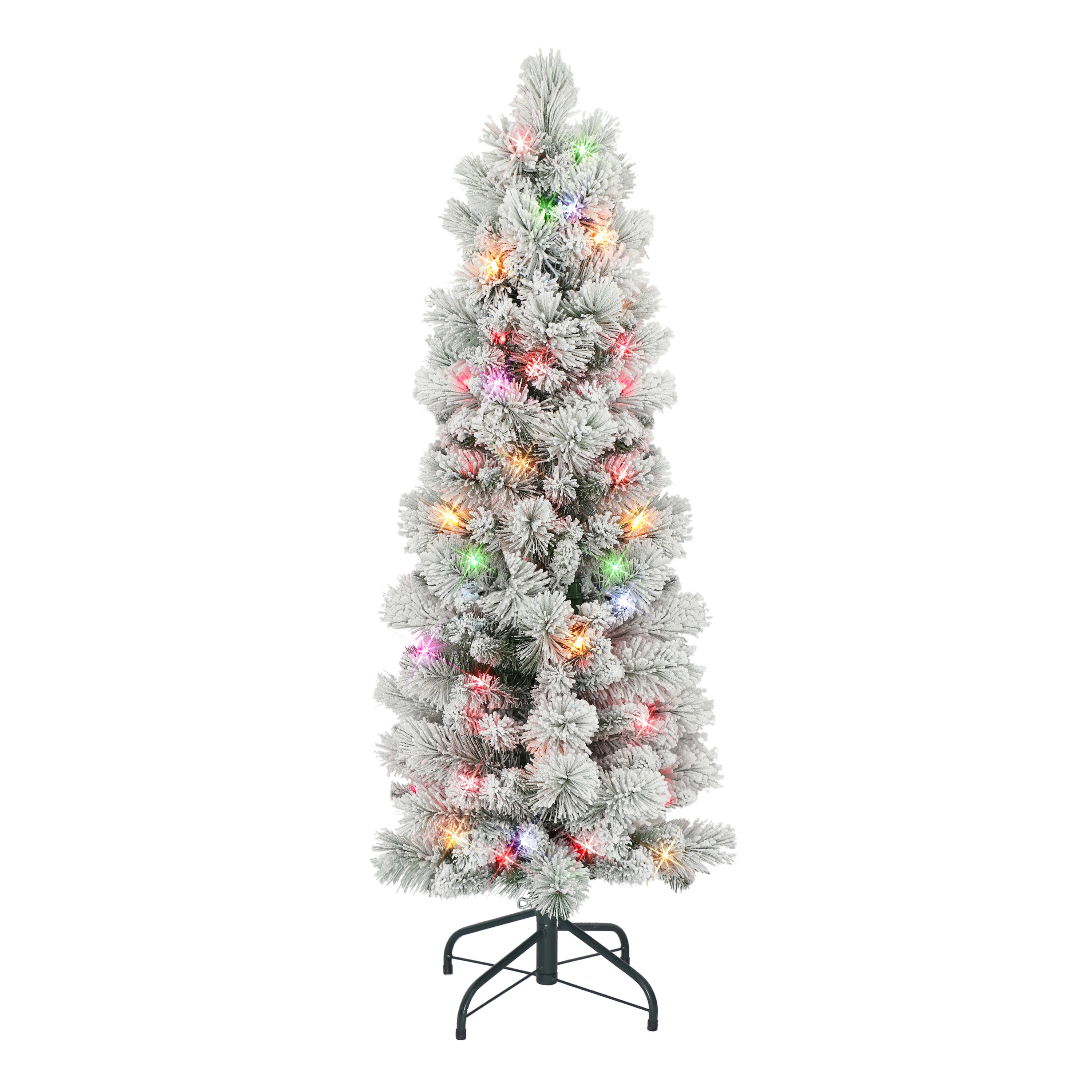 4.5 ft Pre-lit Flocked Portland Pine Pencil Artificial Christmas Tree with 100 UL Multi-Color Lights Metal Stand Green TFP8305A-45M1