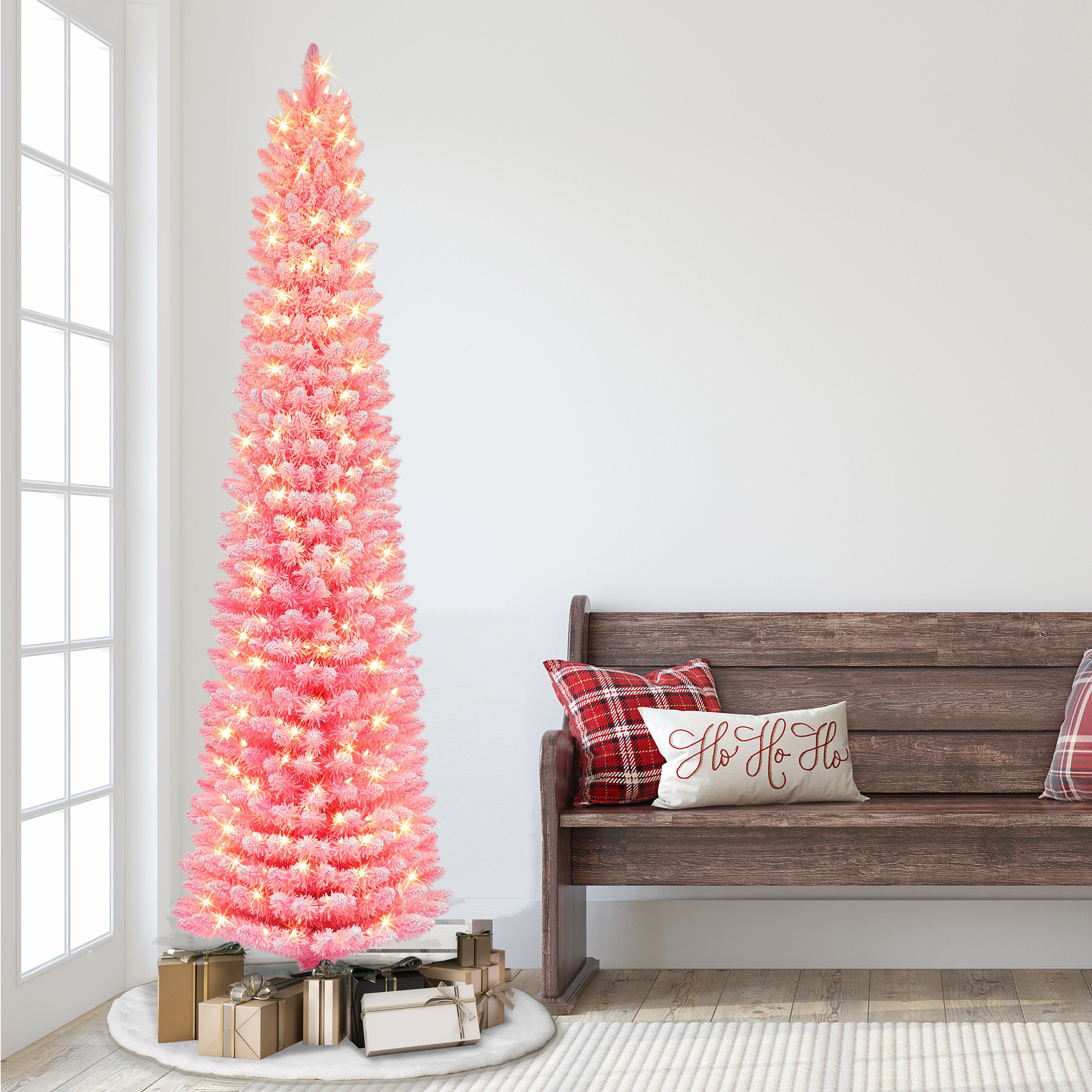 7.5ft Pre-lit Flocked Fashion Pink Pencil Christmas Tree