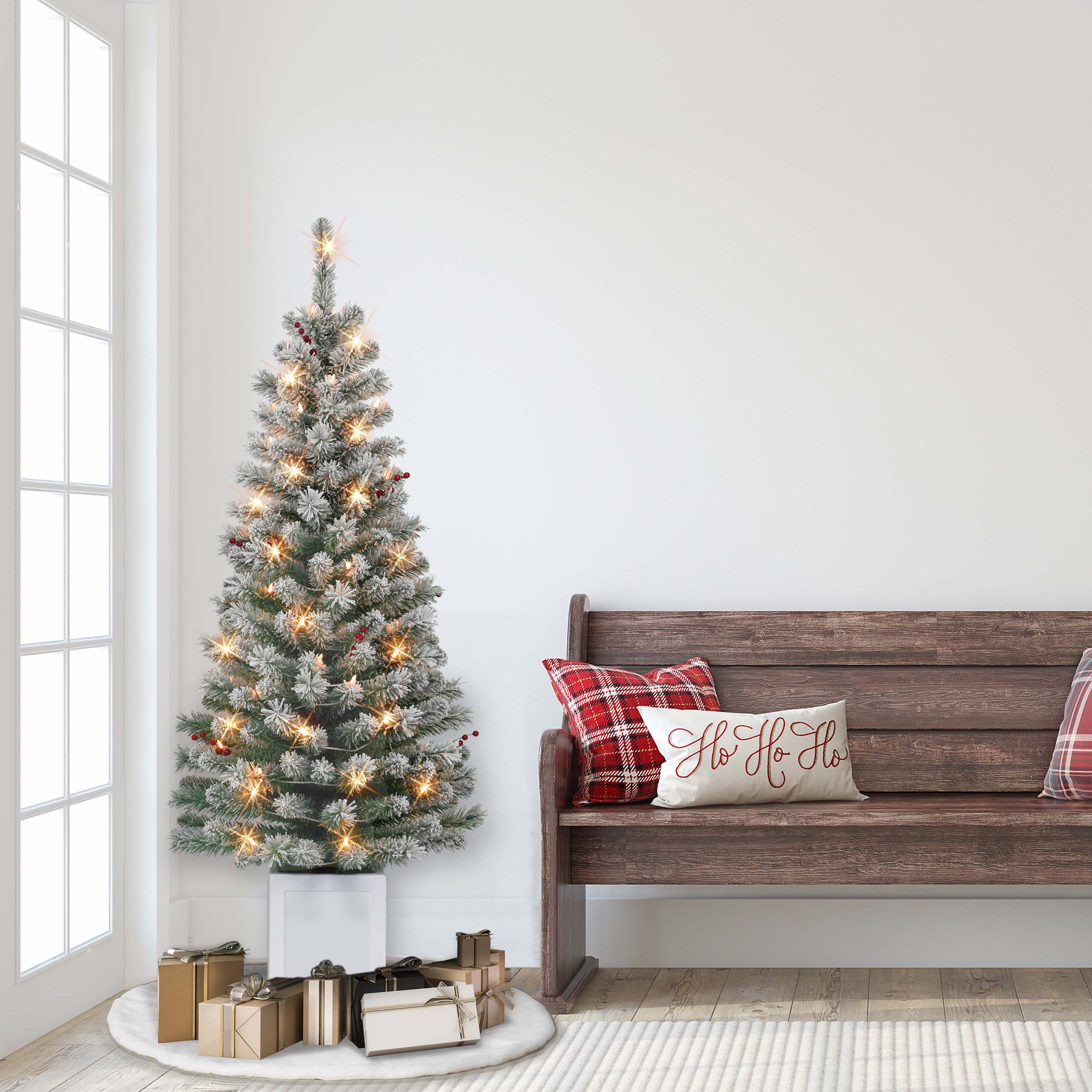 Set of 2 5ft Pre-Lit Potted Flocked Western Spruce Trees