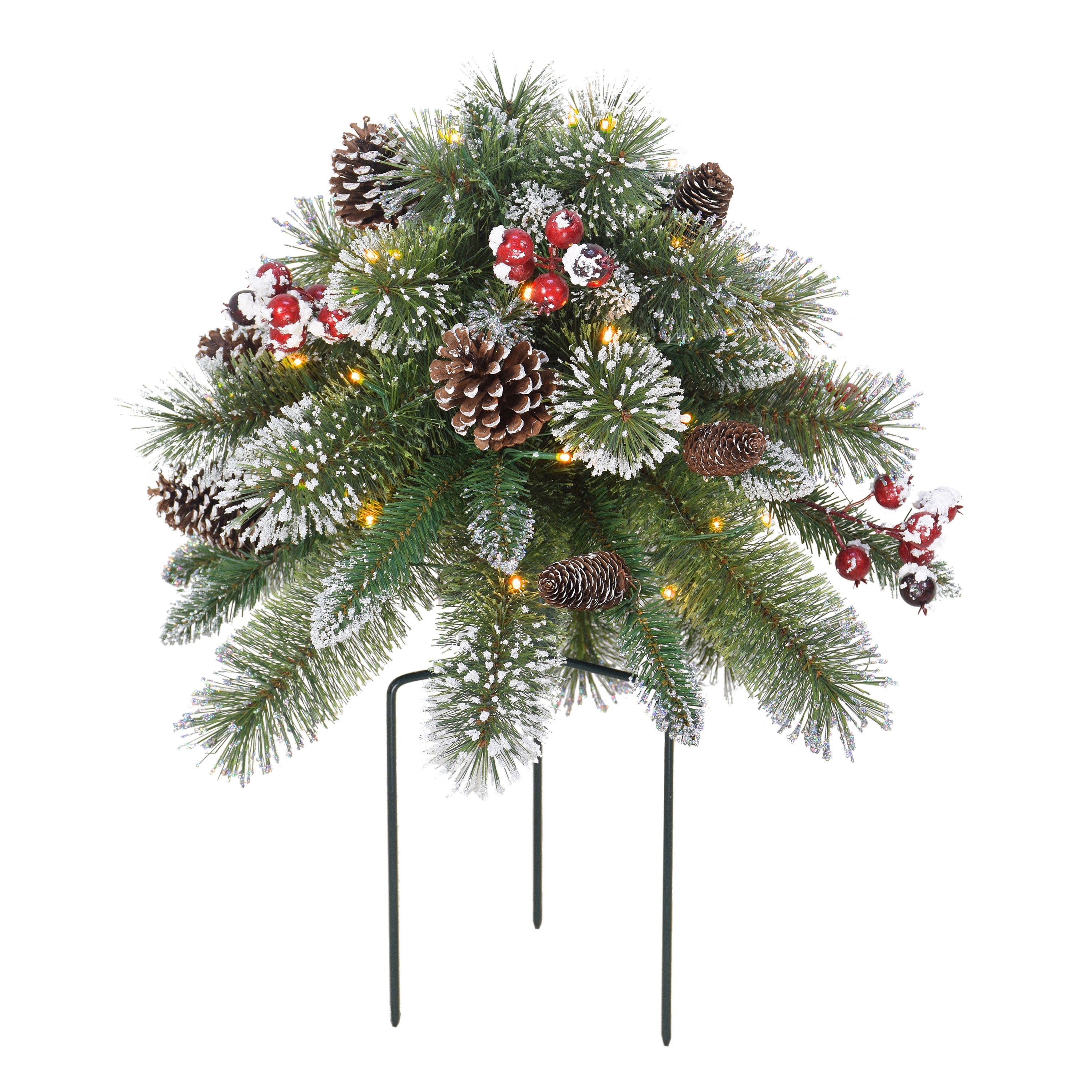 18" Snowy Urn Filler, 48 Tips, 35 B/O Warm White LED Lights (3 x AA batteries not included), On/Off Timer Function, Pine Cones & Berries 2544A-ST18LWF035-BO