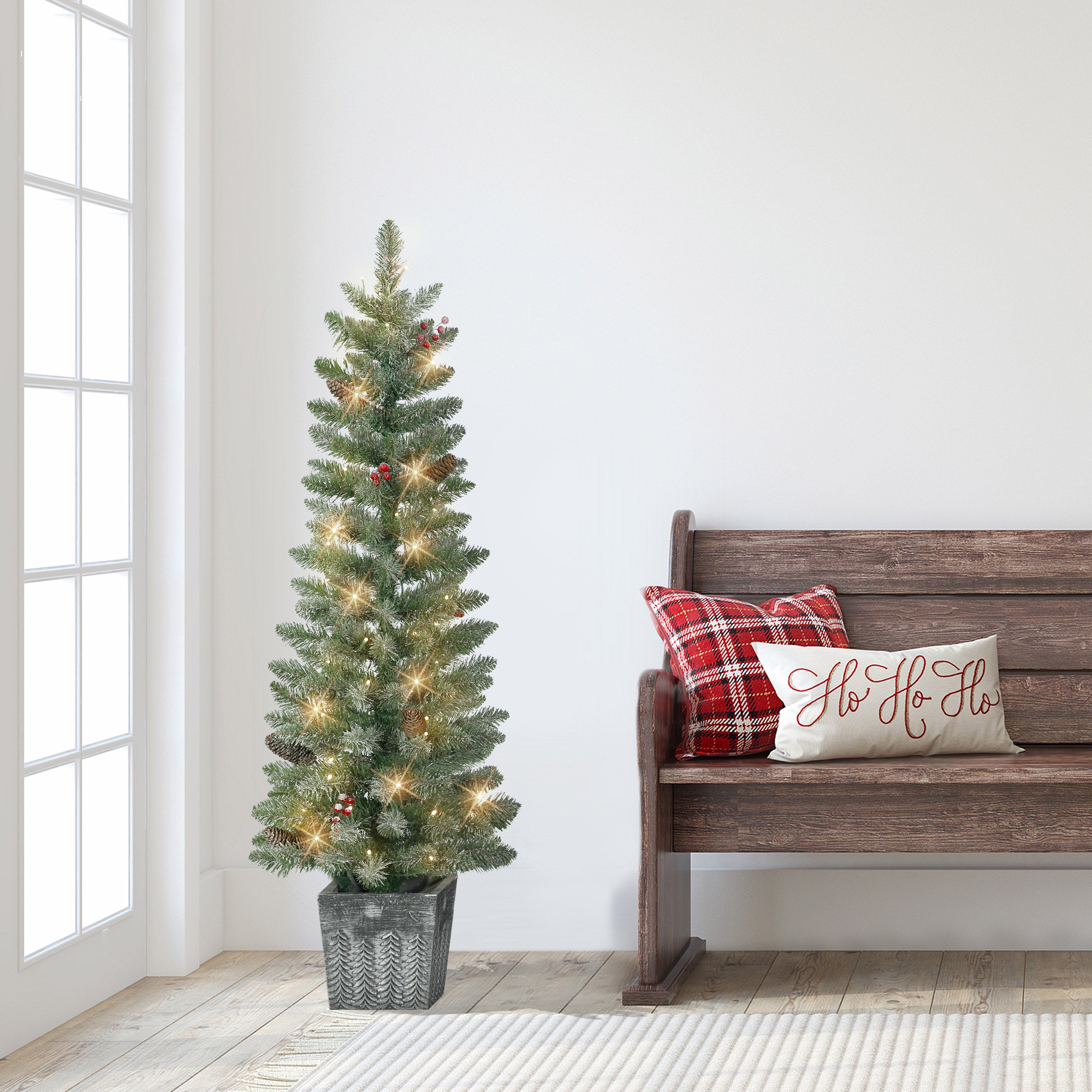 Set of 2 4ft Pre-Lit Flocked Potted Trees