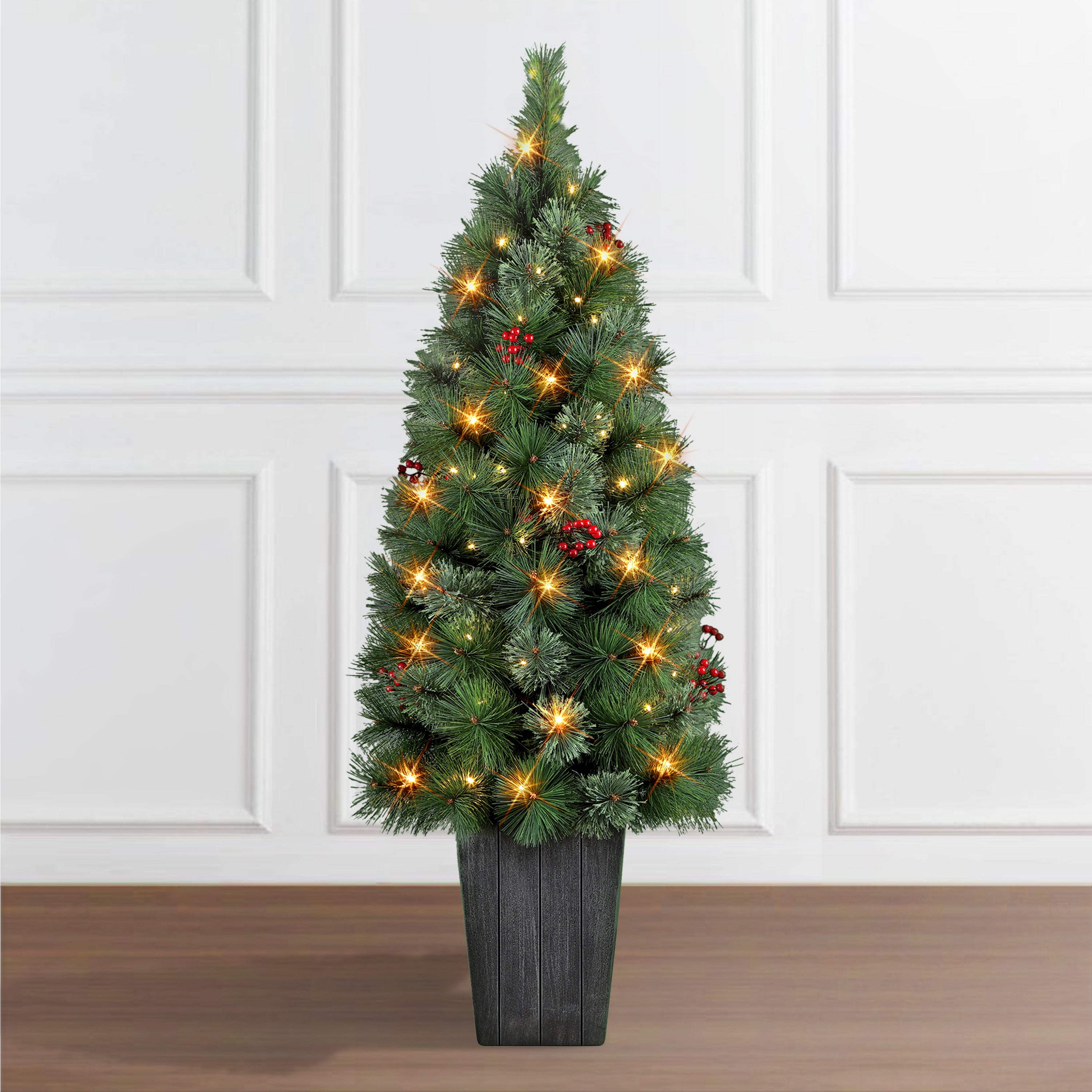 4ft B/O Potted Cascade Pine Tree 100 B/O Warm White LED Lights Plastic Pot 6/18 Hours On/Off Timer Function