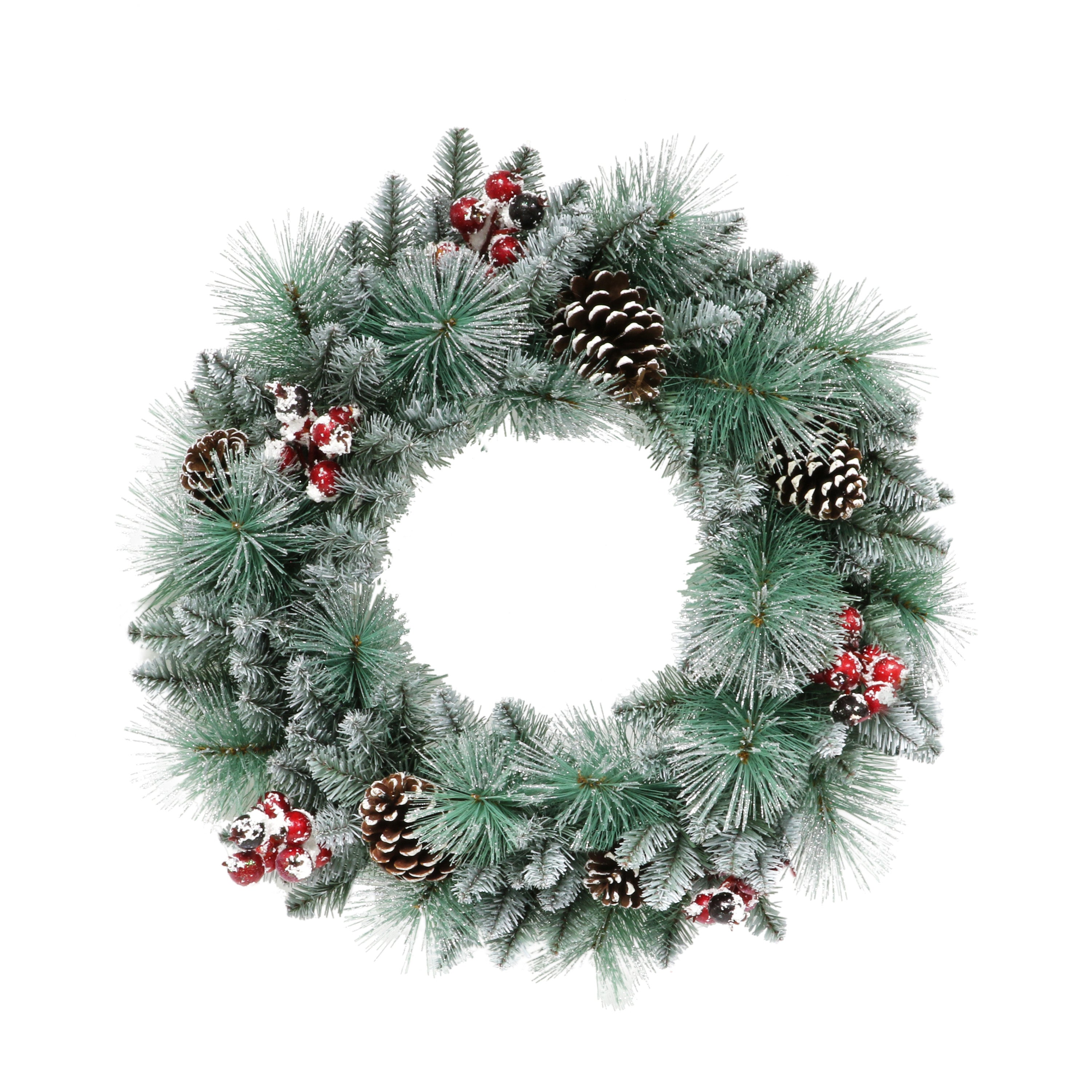 24 in Sterling Spruce Wreath with White Frosted Branch Tips and Sliver Glitter Accents Pinecones and Red Berries Indoor/Outdoor Use Blue/Green W9592A-24