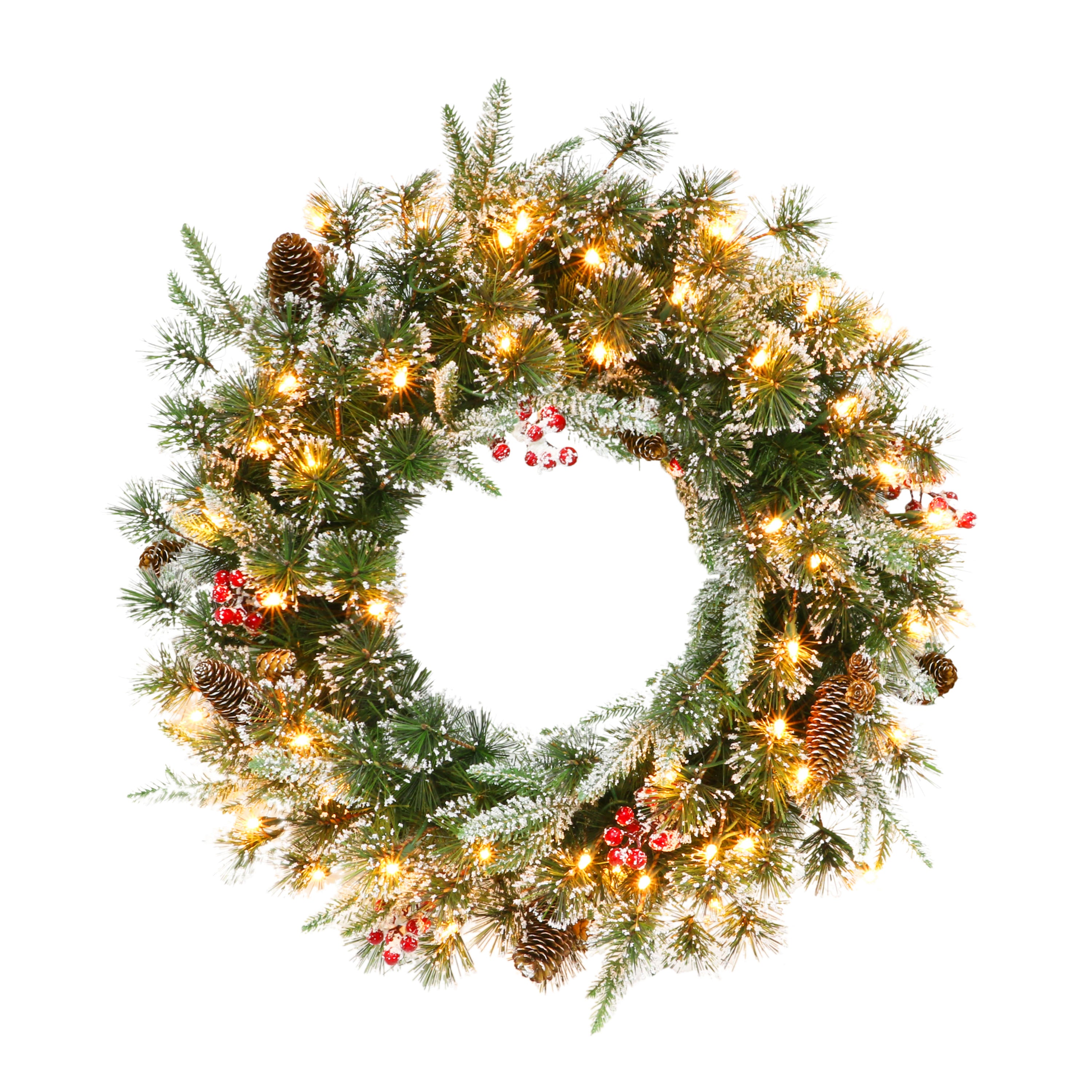 32" Pre-lit Glittery PE/PVC Wreath, 320 Tips, Pine Cones, Berries, 70 UL Clear Lights 1754A-W32C07