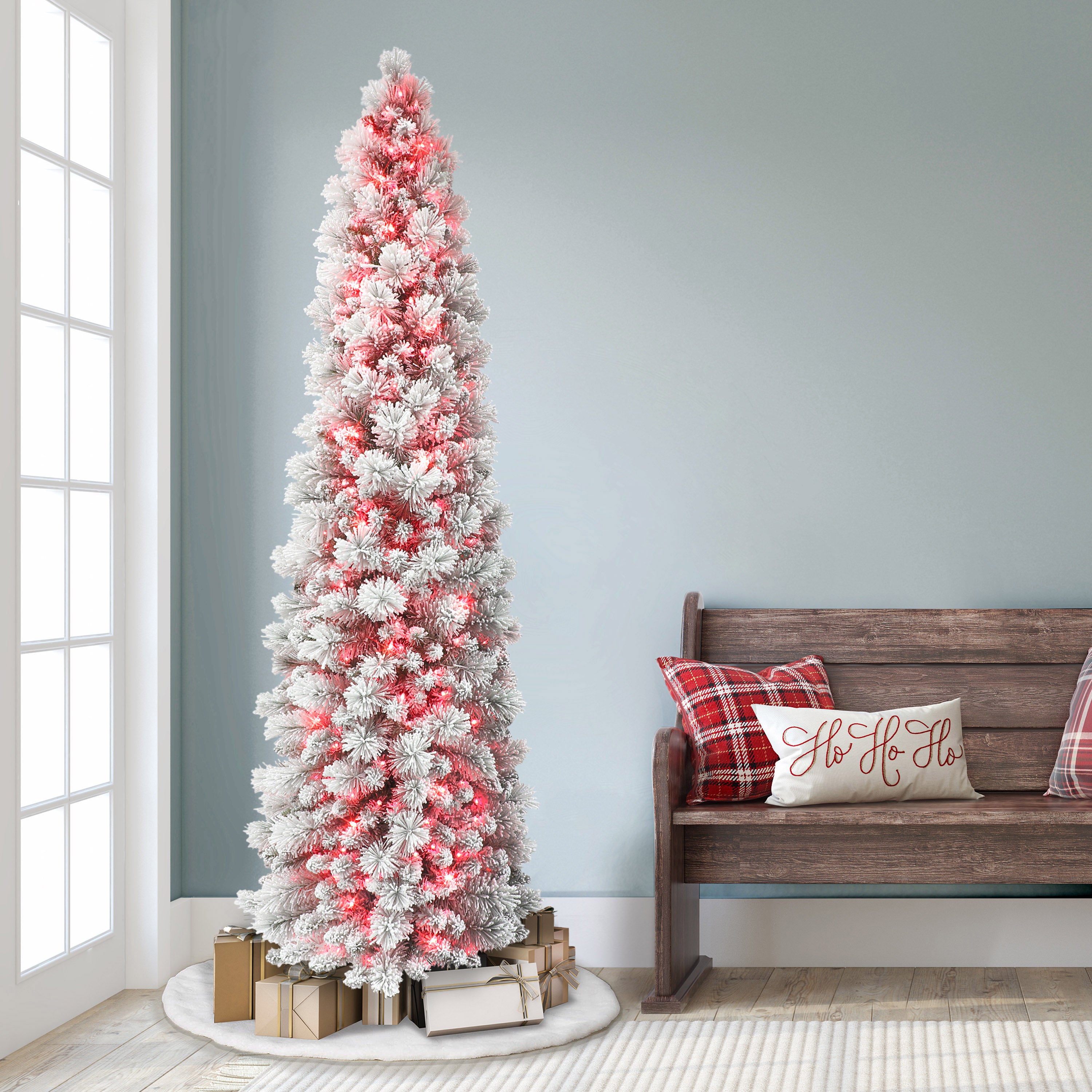 7.5ft Pre-Lit Flocked Portland Pine Pencil Tree