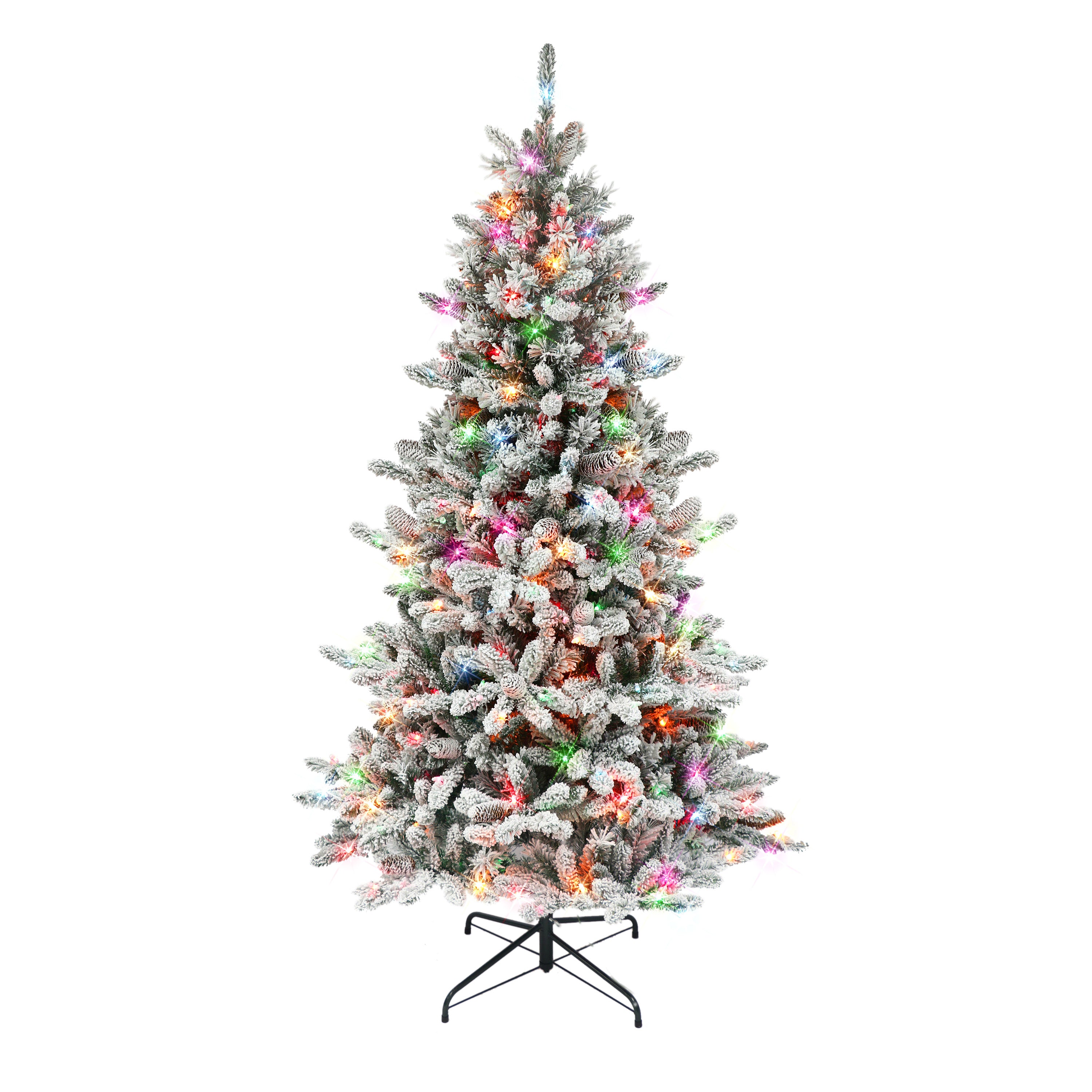 6.5 ft Pre-lit Flocked ‎Bennington Fir Artificial Christmas Tree with 350 UL Multi-color Lights Metal Stand Green BYGA-65M350