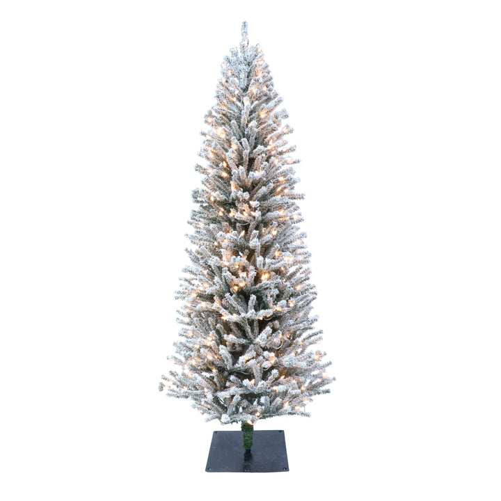 6 ft Pre-Lit  Flocked Artificial Christmas Tree with Pinecones and 300 UL Clear Lights Metal Stand Green 1835-STF60C3A