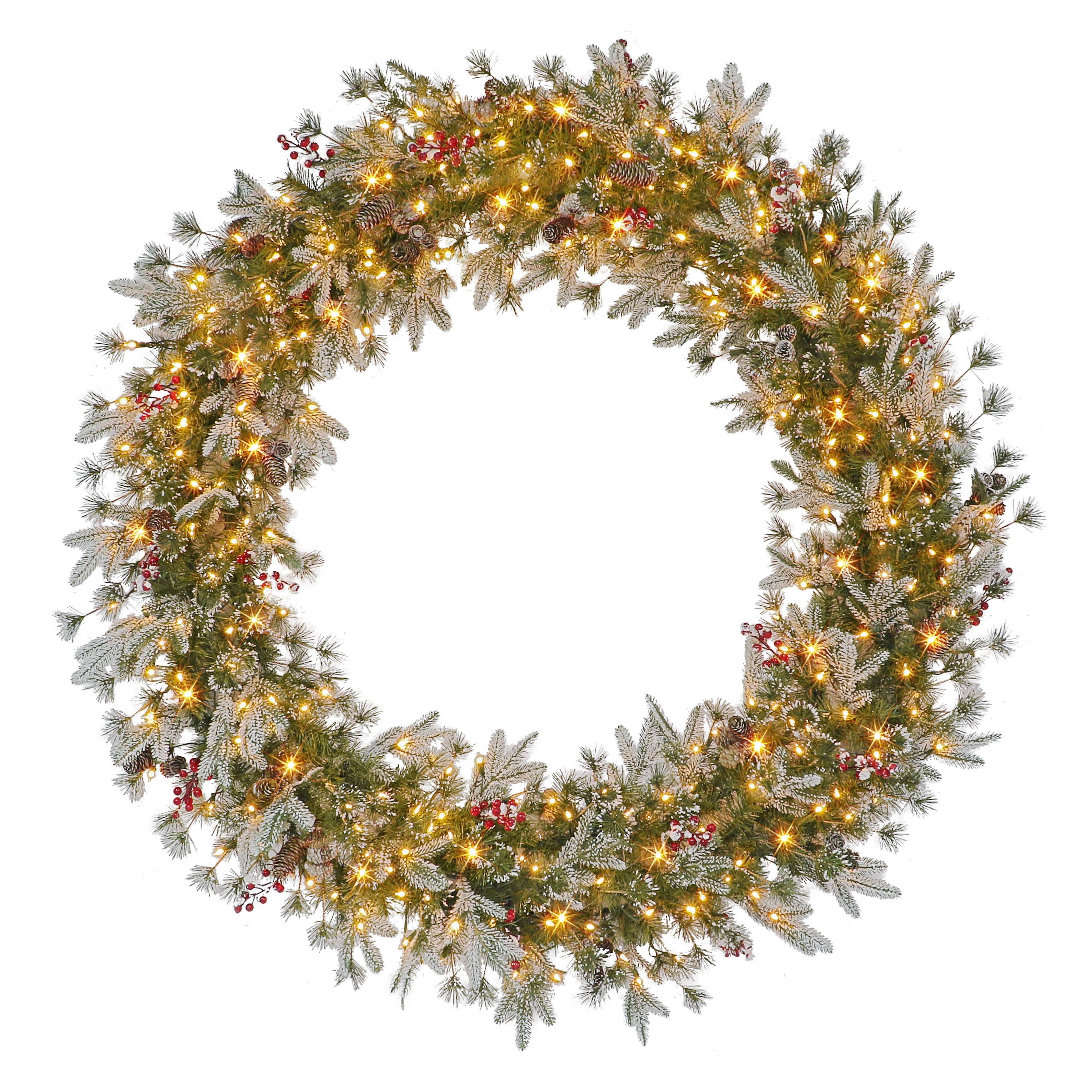 60 in Pre-Lit Glittery PE/PVC Wreath, 700 Tips, Pine Cones, Berries, 300 UL Clear Lights 1754A-W60C300