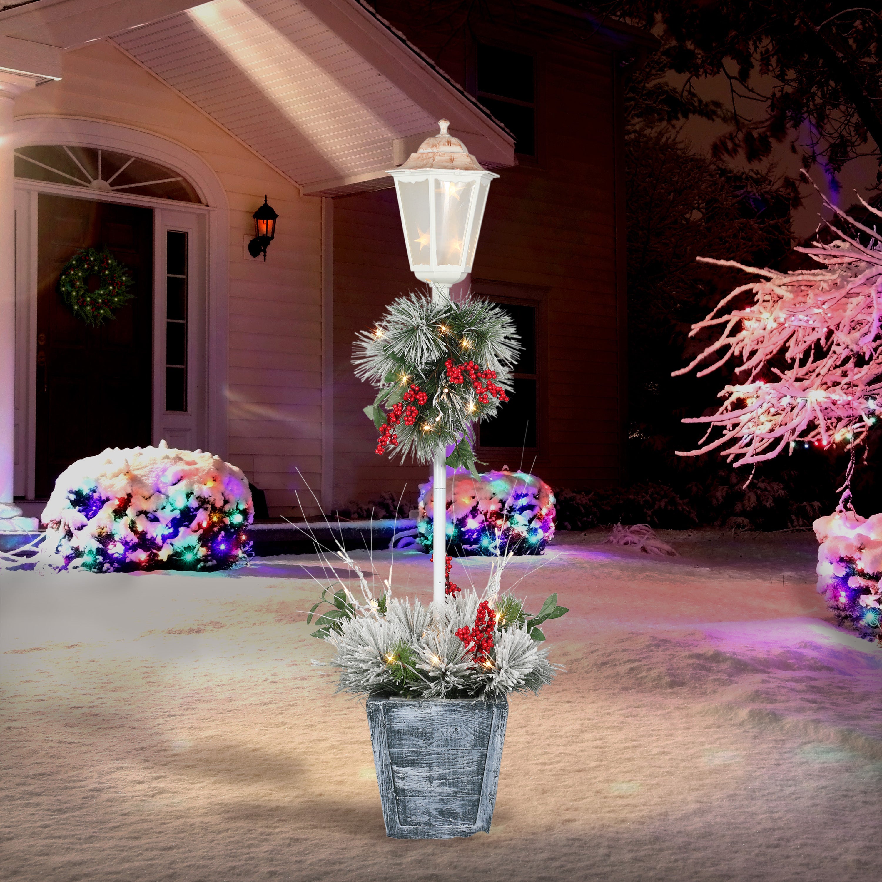 4ft Pre-Lit Flocked Pine Lamp Post
