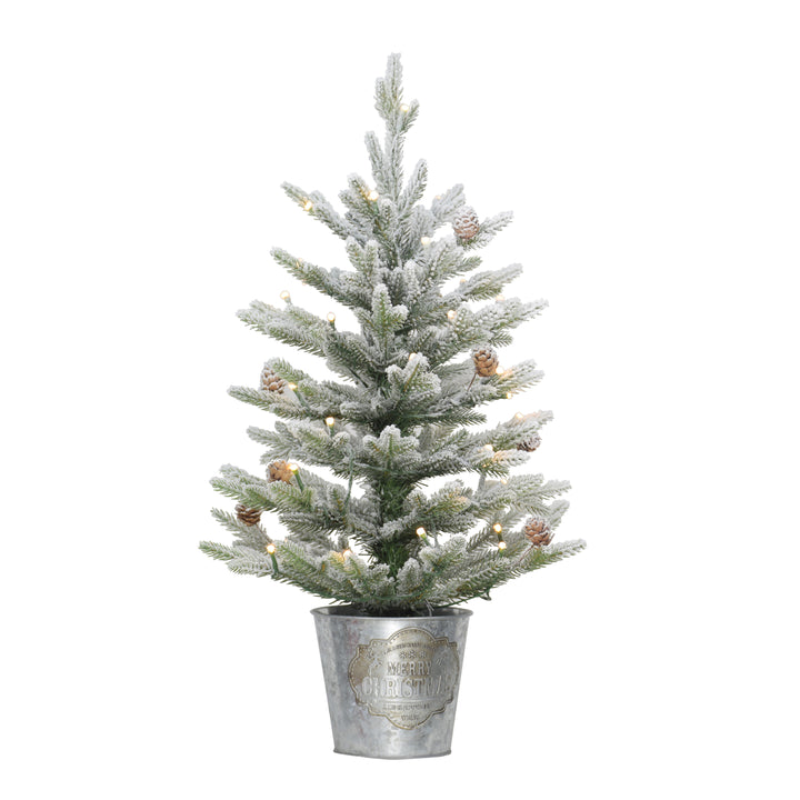 2 ft Pre-Lit Flocked Table Top Artificial Christmas Tree with 35 Lights in Metal Pot Green 1832-STF20LW035A-BO