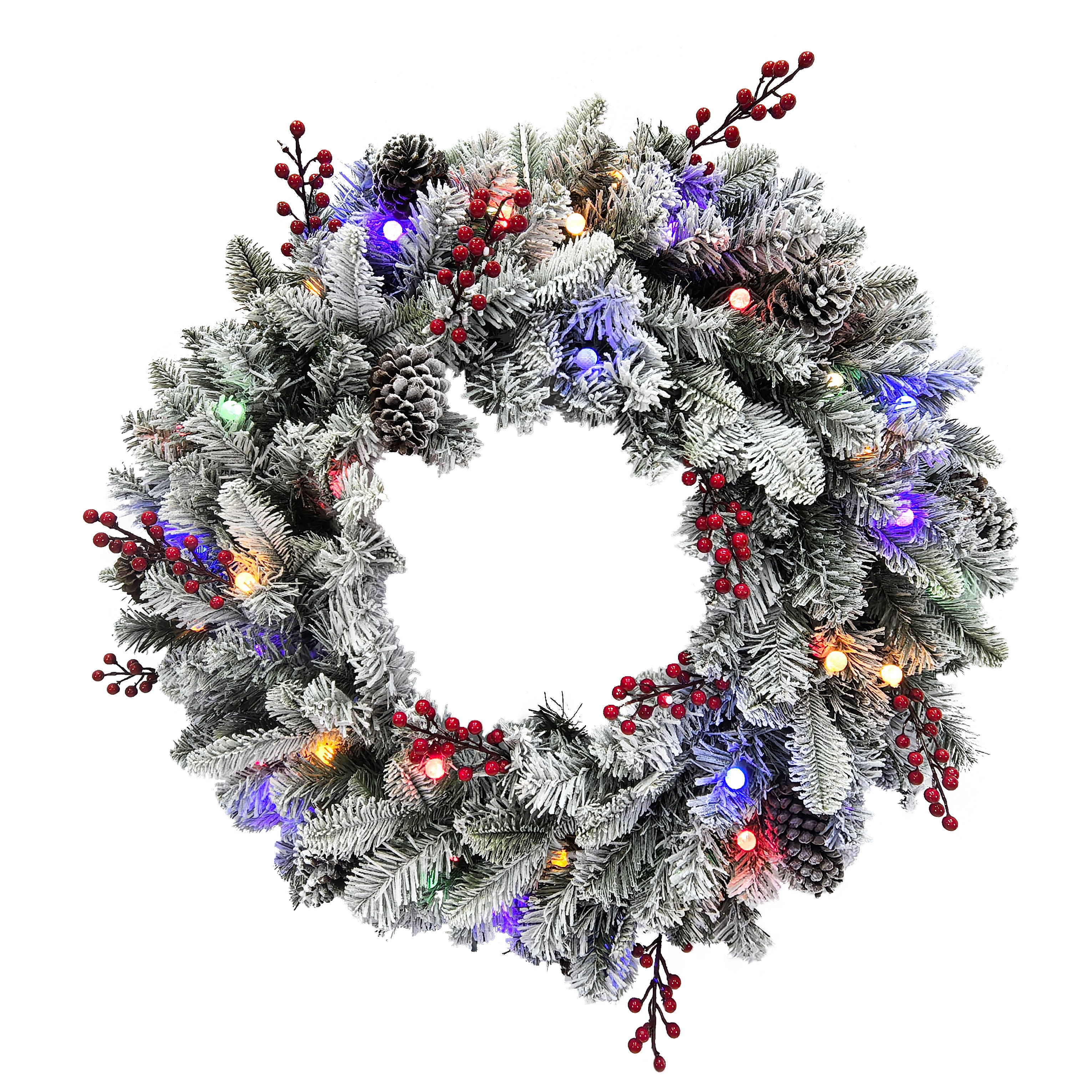 Puleo International 30" Pre-Lit Bridgeport Flocked PE/PVC Wreath #277-BGF-30WG15LDF05-TW