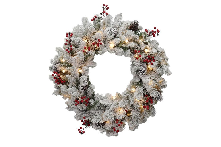 Puleo International 30" Pre-Lit Bridgeport Flocked PE/PVC Wreath with Pinecones and Red Berries and Warm White Lights