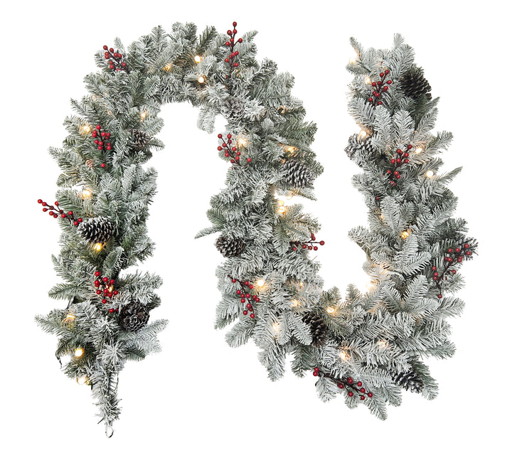 Puleo International 9ft x 12" Pre-Lit Bridgeport Flocked PE/PVC Garland #277-BGF-9/12G15LDF05-TW
