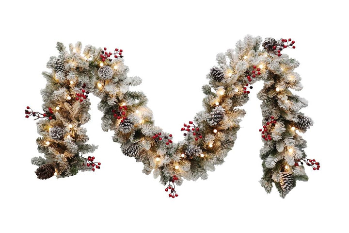 Puleo International 9'x12" Pre-Lit Bridgeport Flocked PE/PVC Garland with Pinecones &  Red Berries, and Warm White Lights