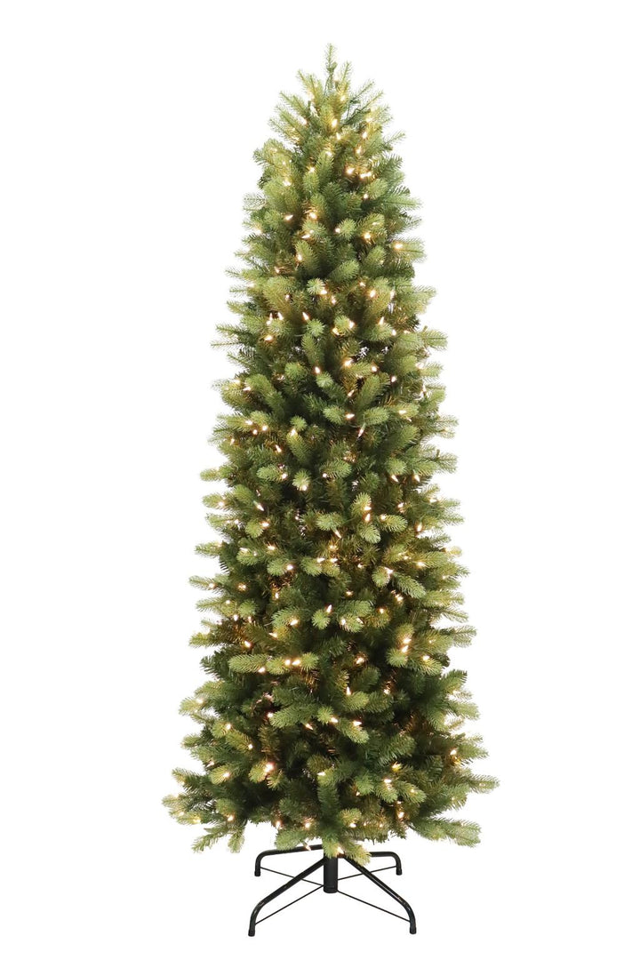 Puleo International 7.5ft Pre-Lit Colorado Spruce PE/PVC Pencil Tree with Dual Color LED Lights with F5 Cap, Functions, Foot Pedal, and Remote Control