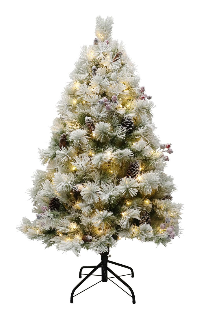 Puleo International 4.5ft Pre-lit Connecticut Tree with Red Berries, Pinecones, 200 and Dual Color LED Lights with Functions, Foot Pedal, and Remote Control