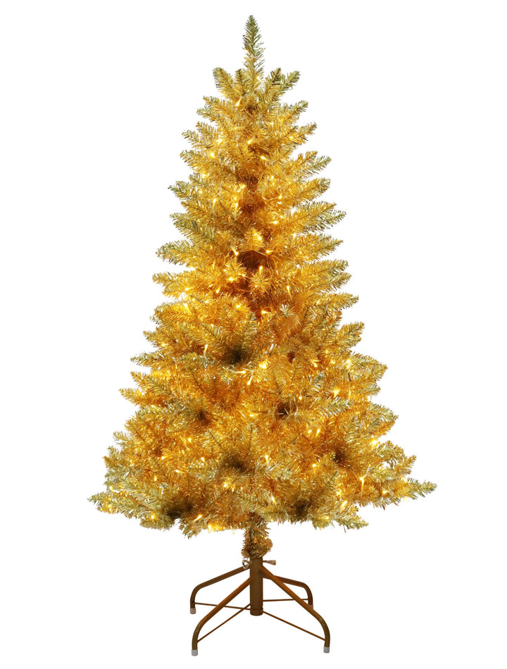 Puleo International 4.5ft Pre-Lit Evergreen Spruce Shiny Gold Champagne Tree with Dual Color LED Lights, Functions, Foot Pedal, and Remote Control