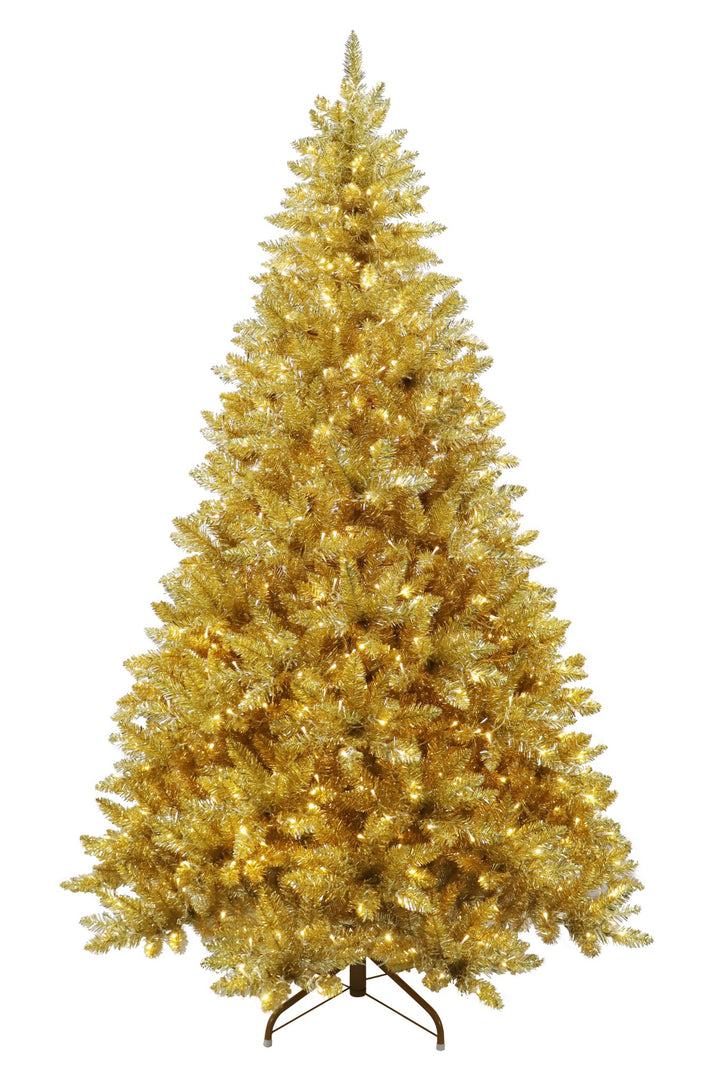 Puleo International 7.5ft Pre-Lit Evergreen Spruce Shiny Gold Champagne Tree with Dual Color LED Lights, Functions, Foot Pedal, Remote Control, and Quick Connect Pole