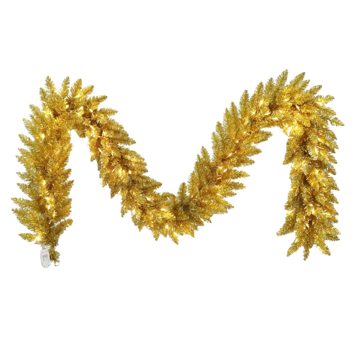 Puleo International 9ft X 12" Pre-Lit Evergreen Spruce Shiny Gold Champagne Garland With 100 Dual Color LED Lights with Functions, and Remote Control