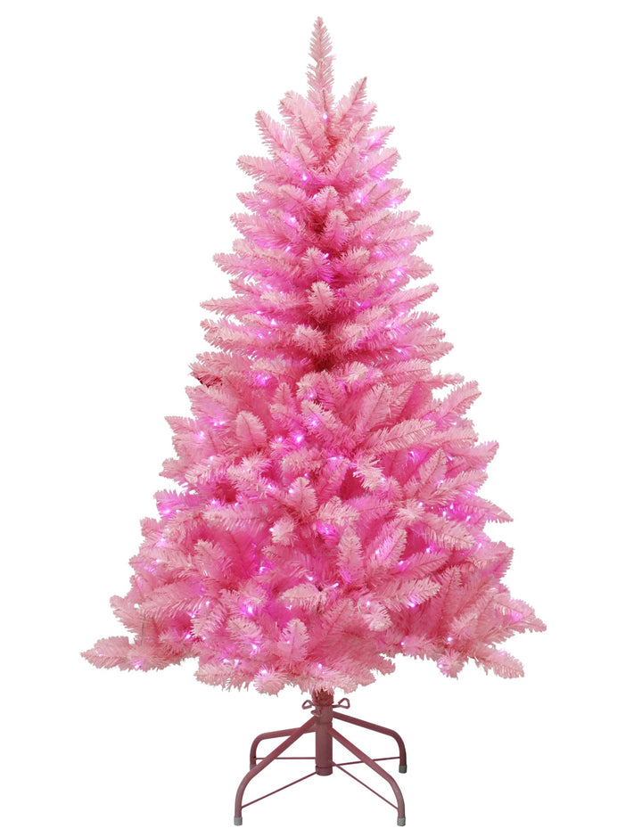 Puleo International 4.5ft Pre-Lit Evergreen Spruce Shiny Pink Tree with Dual Color LED Lights with Functions, Foot Pedal, and Remote Control