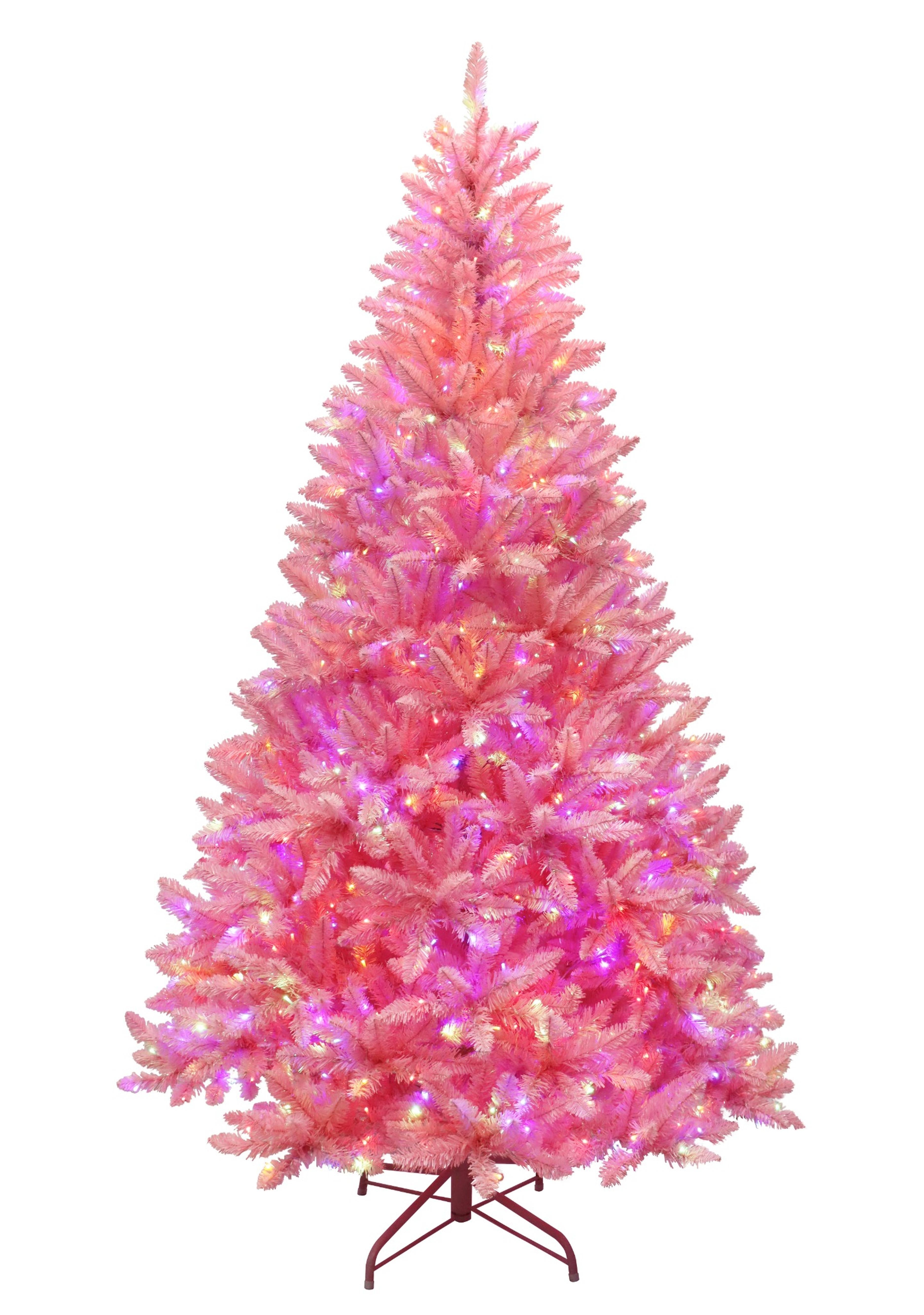 Puleo International 7.5ft Pre-Lit Evergreen Spruce Shiny Pink Tree with Dual Color LED Lights, Functions, Foot Pedal, Remote Control, and Quick Connect Pole