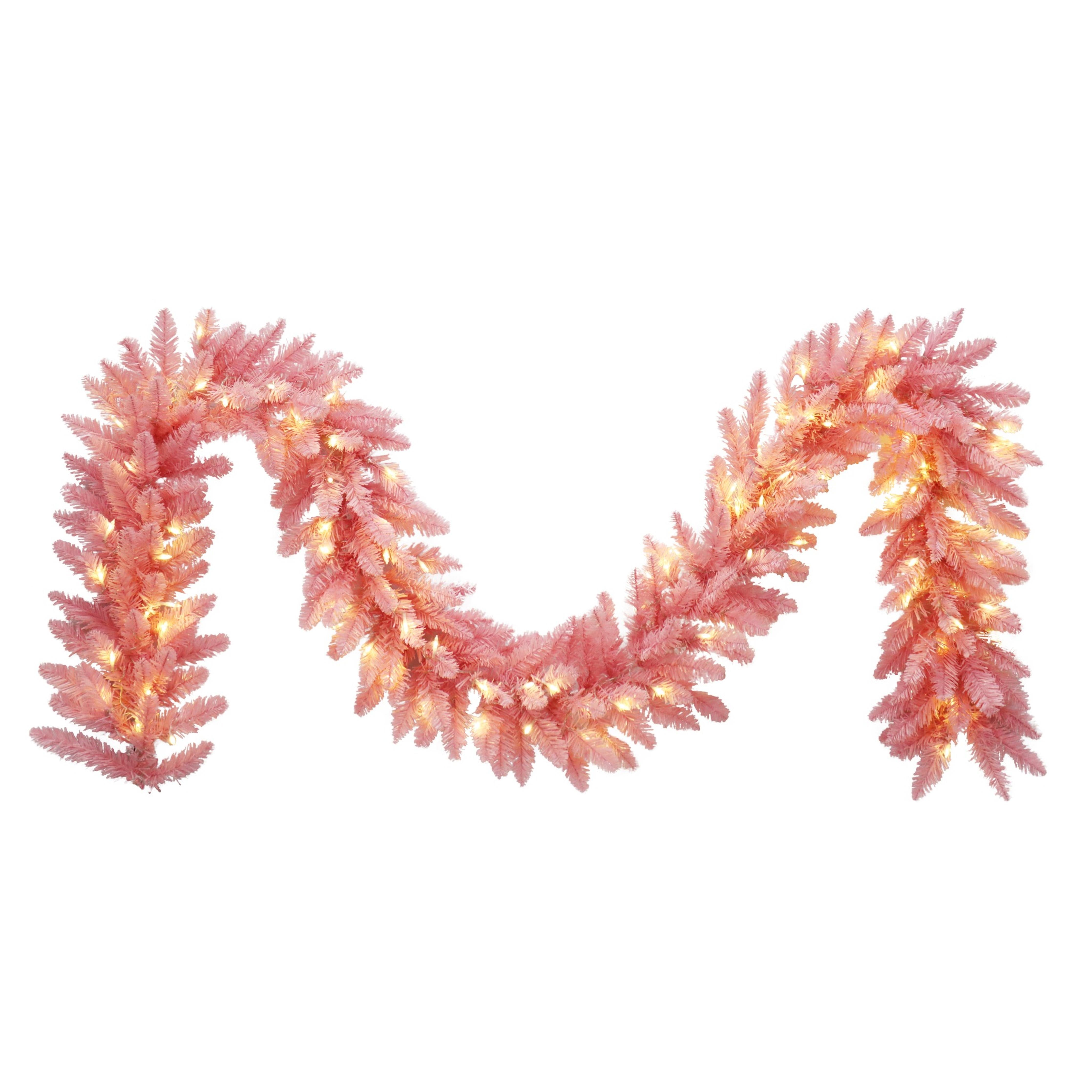 Puleo International 9ft X 12" Pre-Lit Evergreen Spruce Shiny Pink Garland With 100 Dual Color LED Lights with Functions, and Remote Control