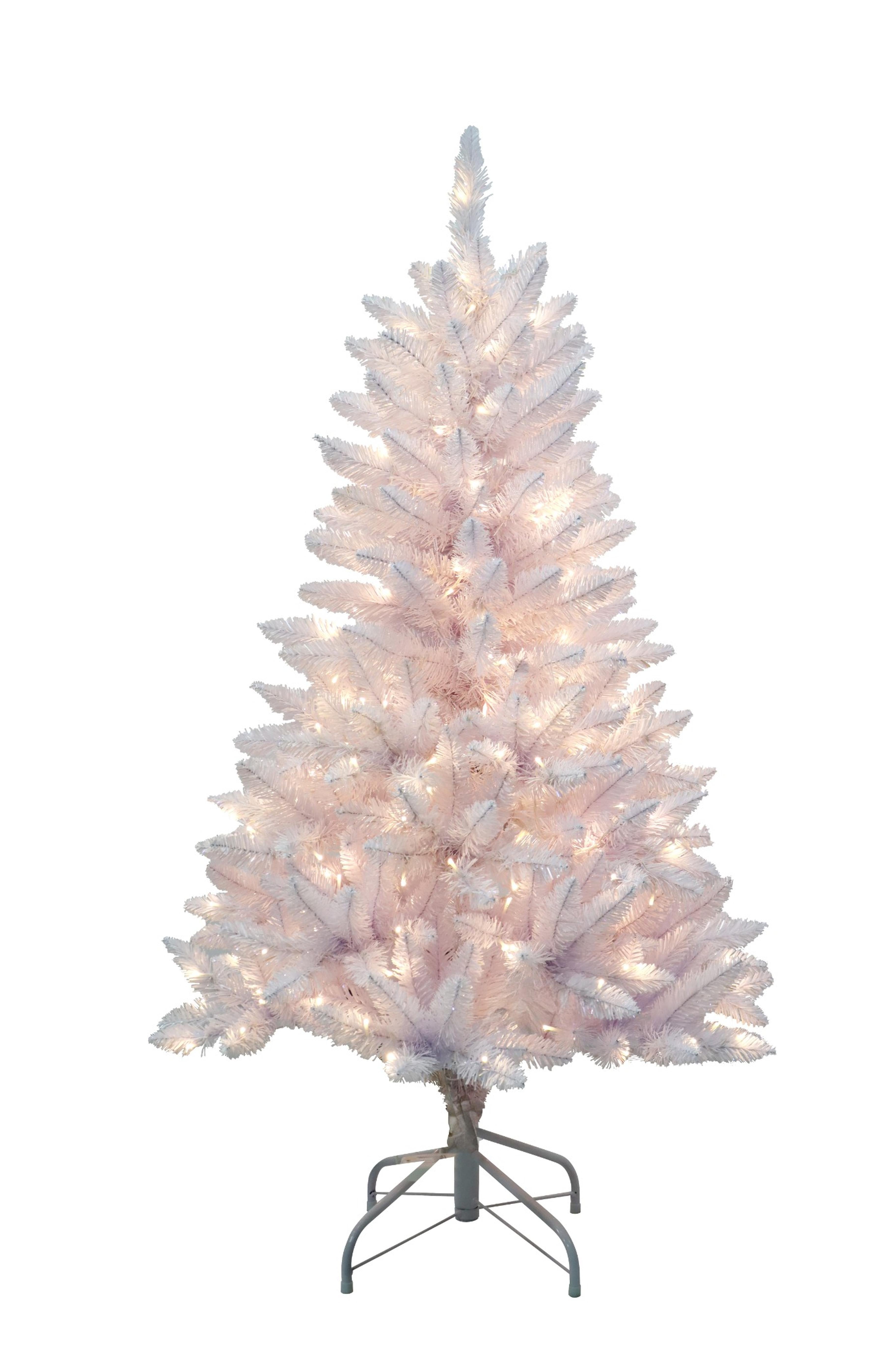 Puleo International 4.5ft Pre-Lit Evergreen Spruce Shiny White mixed with Dual Color LED Lights with Functions, Foot Pedal, and Remote Control