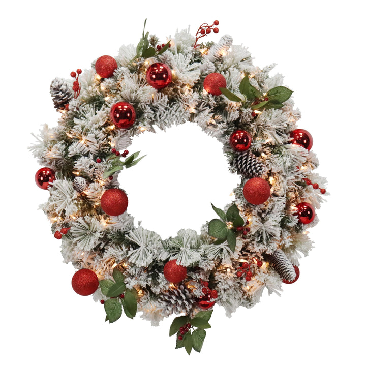 Puleo International 30in Pre-Lit Fairfield Flocked and Decorated Wreath with Clear Lights