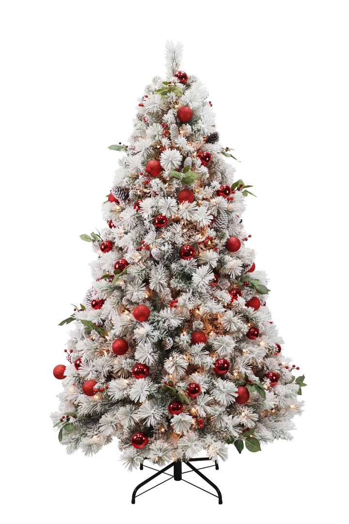 Puleo International 7ft Prelit Fairfield Flocked with Pinecones Ball Ornaments & Red Berries