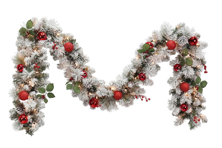 Puleo International 9ft x 12" Pre-Lit Fairfield Flocked Garland with Red Ball Ornaments, Berries, & Pinecones and Clear Lights