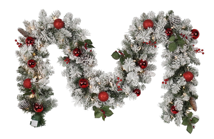 Puleo International 9ft X 12" Pre-Lit Fairfield Flocked Garland with Red Ball Ornaments, Berries, & Pinecones and Warm White Lights